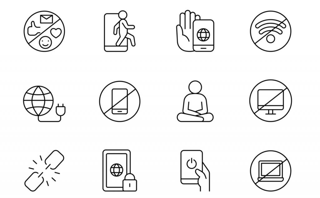 White background with 12 emoticons on the foreground, showing images such as a crossed-out wifi signal, a planet icon with a power cord connected to it and a phone in a hand that is turned on.
