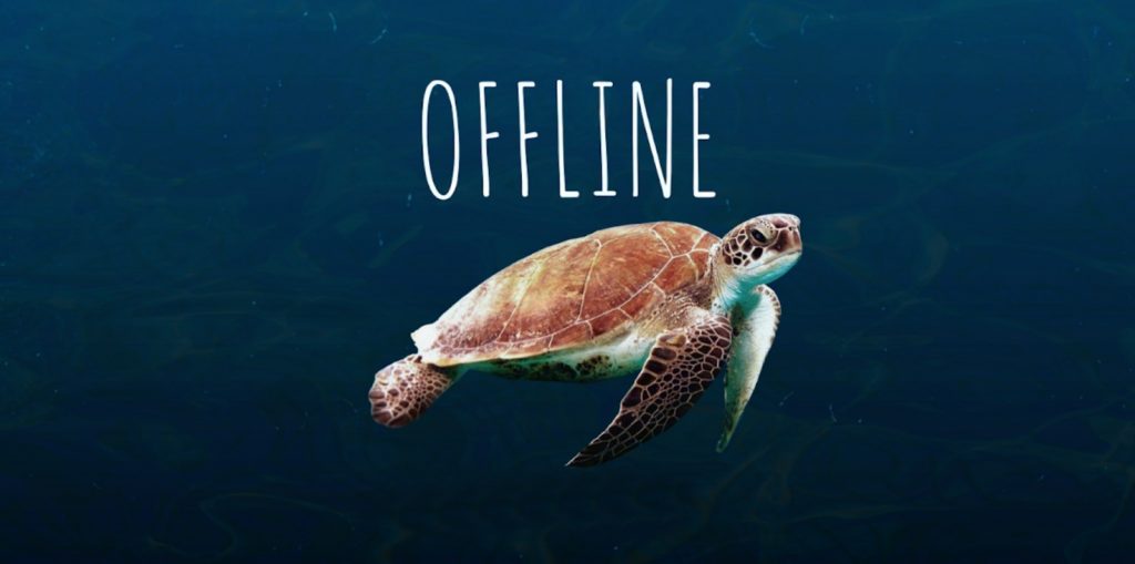 Image of a turtle swimming with the text 'offline' above it in a white font.