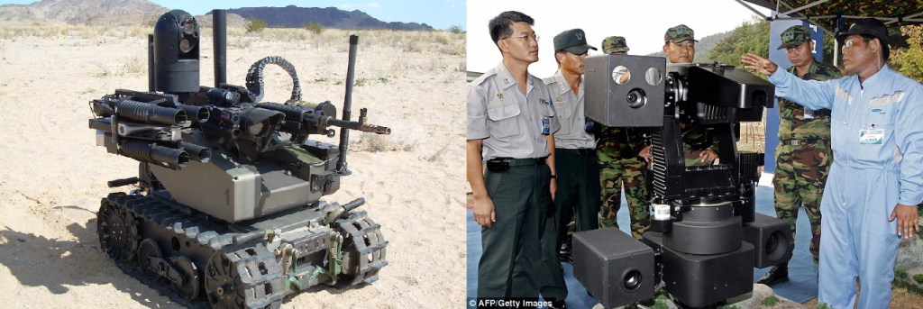 Picture of the LAWs: the one developed by Chinese students (left), and the one surrounded by Korean soldiers and engineers, developed by Samsung (right)